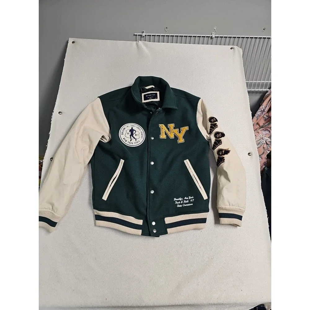 ABERCROMBIE & FITCH VARSITY BOMBER JACKET COAT GREEN WHITE MENS SIZE S New